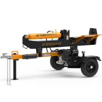 A FIRMAN Power Equipment 27-Ton Log Splitter on wheels, featuring a KOHLER engine and hydraulic arm, displayed against a white background with light shadowing.