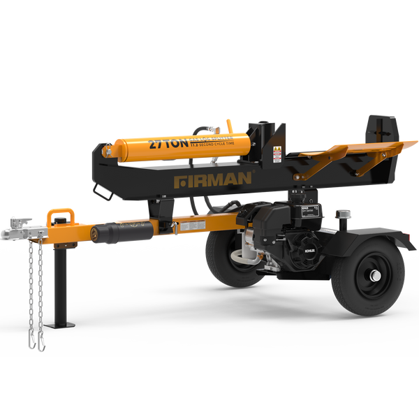 A FIRMAN Power Equipment 27-Ton Log Splitter on wheels, featuring a KOHLER engine and hydraulic arm, displayed against a white background with light shadowing.