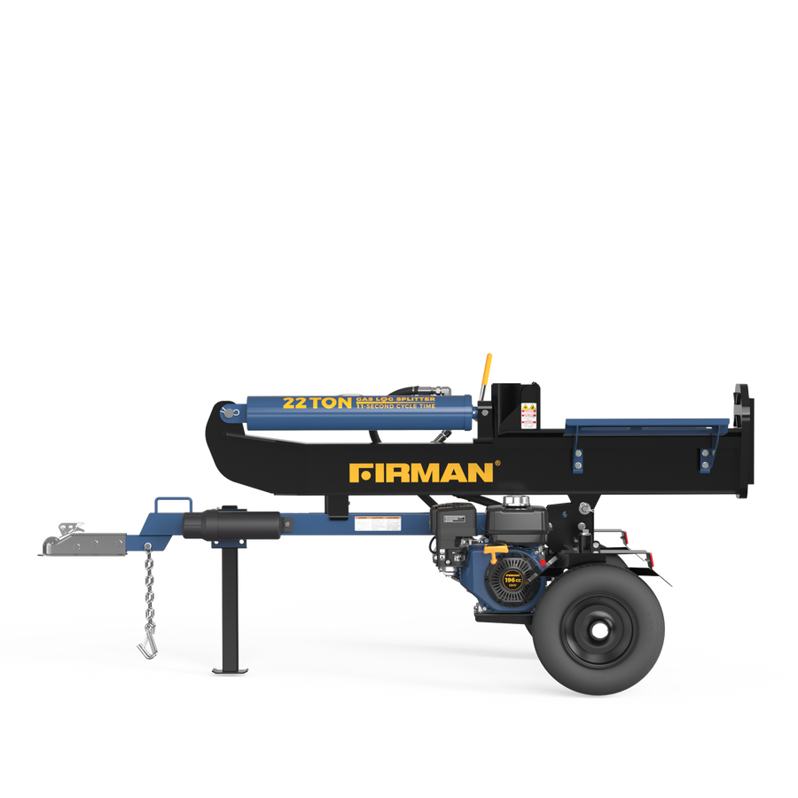 A 22-ton FIRMAN Power Equipment GS2201 log splitter on wheels, featuring a black and blue design with prominent branding, parked against a white background.