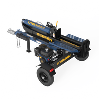 Blue and black FIRMAN Power Equipment 22-Ton Hydraulic Log Splitter with gas engine and towable frame on a white background.