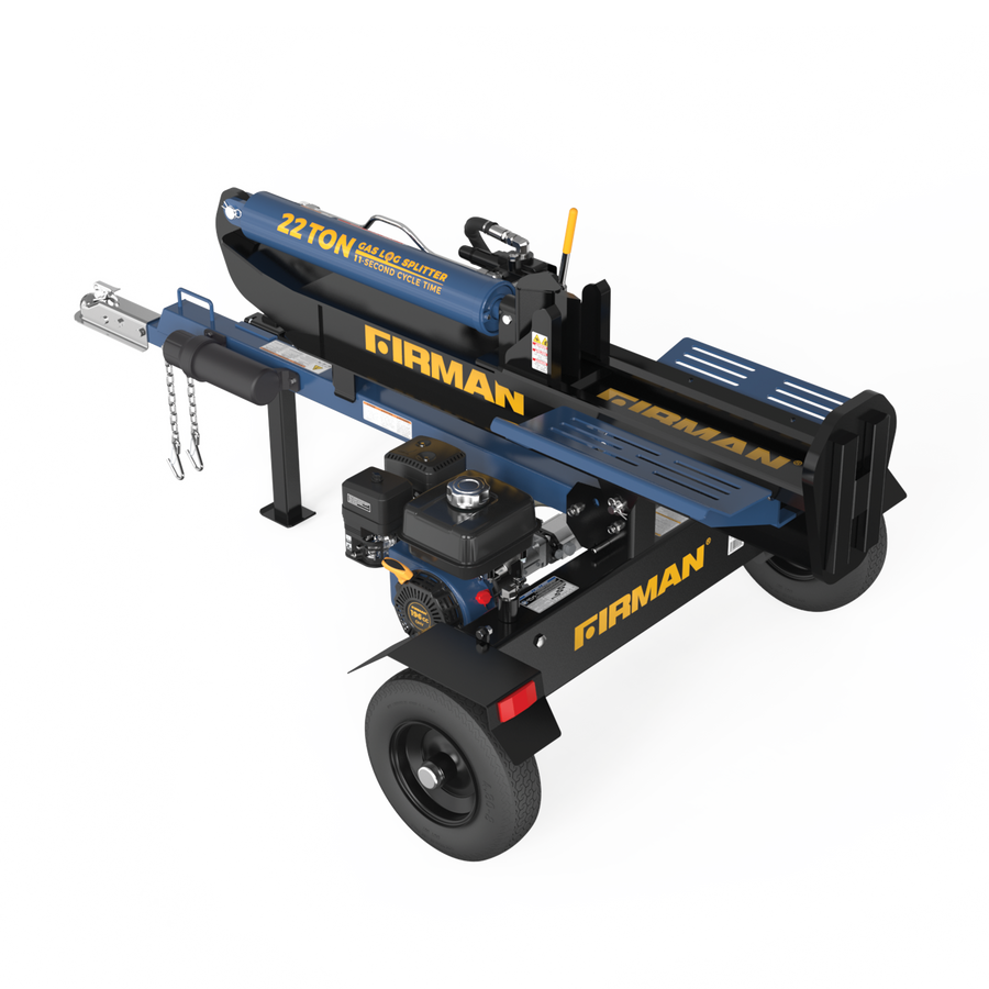 Blue and black FIRMAN Power Equipment 22-Ton Hydraulic Log Splitter with gas engine and towable frame on a white background.