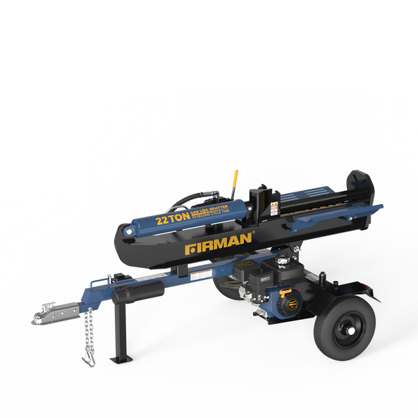 FIRMAN Power Equipment 22-Ton hydraulic log splitter with gas engine and wheeled chassis on a white background.