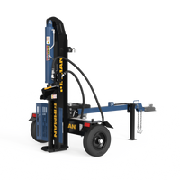 FIRMAN Power Equipment 22-Ton Log Splitter with vertical and horizontal splitting capability, mounted on a single-axle trailer with attached hydraulic controls.