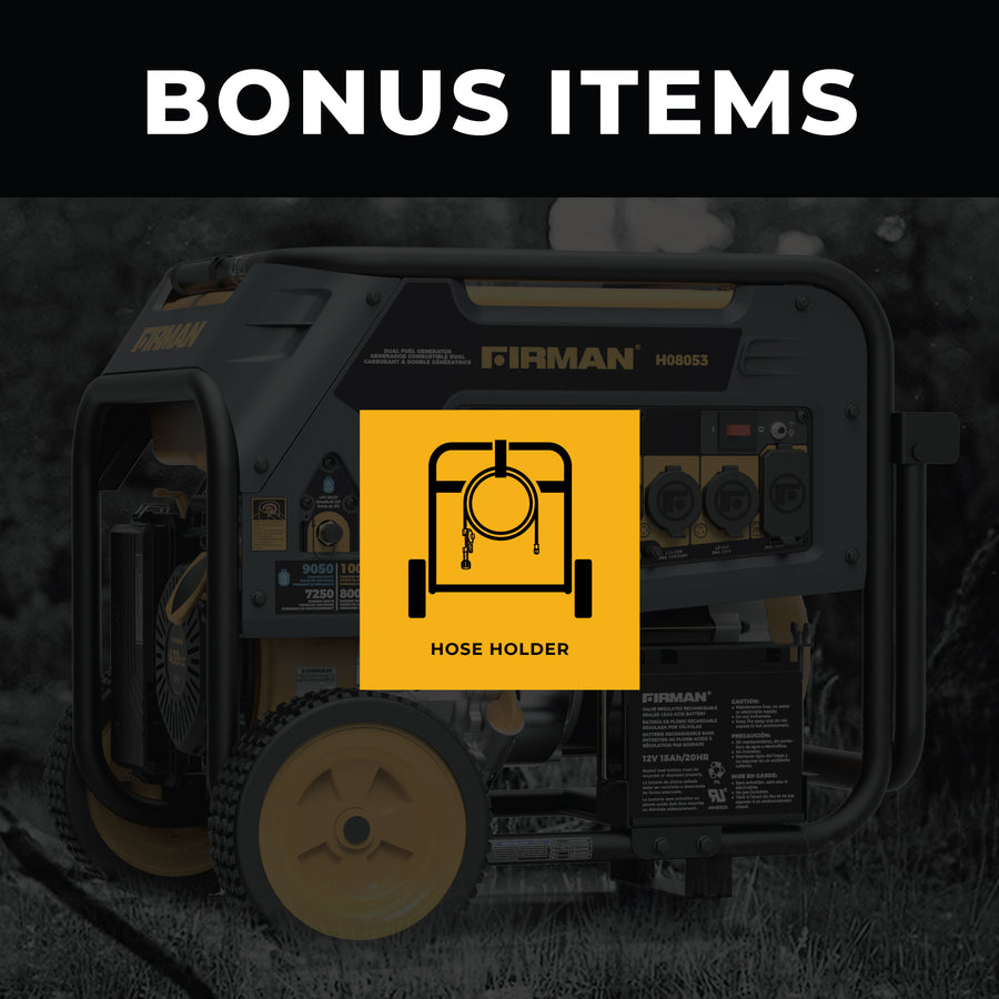 A portable FIRMAN Power Equipment Dual Fuel Portable Generator 8000W Electric Start 120/240V featured in a grassy field, labeled with a yellow "bonus items" sign and highlighting a "hose holder" icon.
