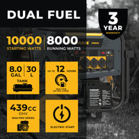Advertisement for the FIRMAN Power Equipment H08053 Hybrid dual fuel generator, highlighting 10,000 starting watts and 8,000 running watts, 439cc engine, and a 3-year warranty.