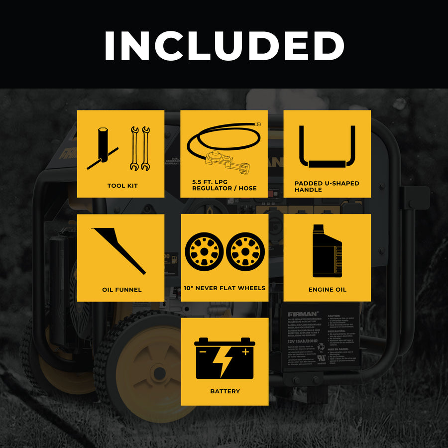 An infographic showcasing included accessories with the FIRMAN Power Equipment Dual Fuel Portable Generator 8000W Electric Start 120/240V: toolkit, LPG regulator/hose, padded u-shaped handle, oil funnel, never flat wheels, engine oil.