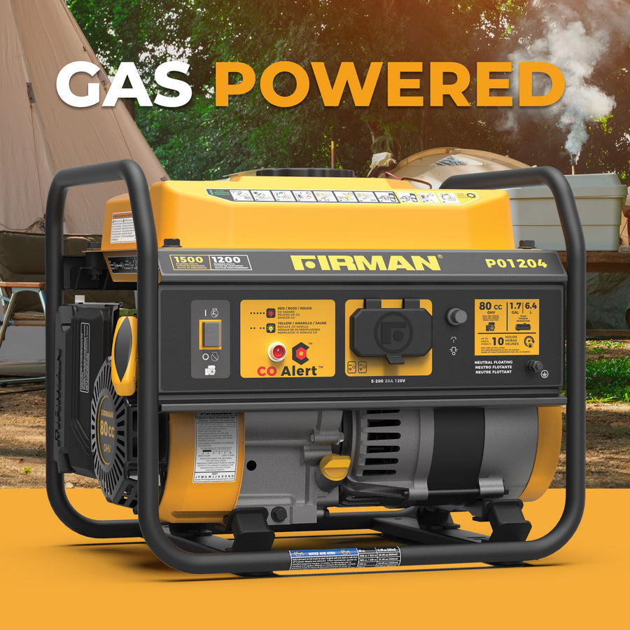 A FIRMAN Power Equipment Gas Portable Generator 1500W Recoil Start with CO alert is shown outdoors in front of a tent, with "GAS POWERED" text above the generator.