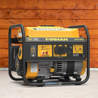Yellow and black FIRMAN Power Equipment Gas Portable Generator 1500W Recoil Start with CO alert placed on a concrete surface in front of a wooden wall.