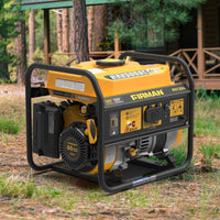A yellow FIRMAN Power Equipment Gas Portable Generator 1500W Recoil Start with CO alert sits outdoors on the grass near a wooden cabin, surrounded by trees.