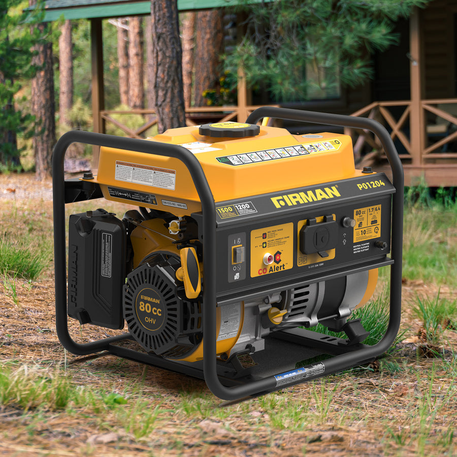 A yellow FIRMAN Power Equipment Gas Portable Generator 1500W Recoil Start with CO alert sits outdoors on the grass near a wooden cabin, surrounded by trees.