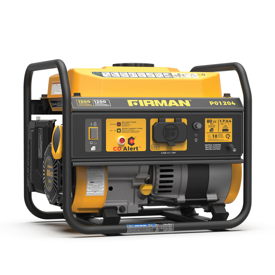 The FIRMAN Power Equipment Gas Portable Generator 1500W Recoil Start features a control panel, CO alert, engine, and protective frame—ideal for camping and reliable power on the go.