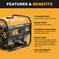 The FIRMAN Power Equipment Gas Portable Generator 1500W features a 1.7-gallon tank, recoil start, CO alert, safety shut-off, two outlets, and a lightweight open frame—perfect for camping.