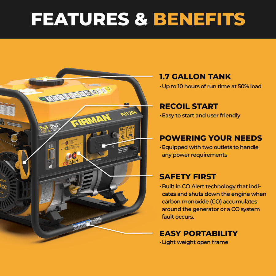 The FIRMAN Power Equipment Gas Portable Generator 1500W features a 1.7-gallon tank, recoil start, CO alert, safety shut-off, two outlets, and a lightweight open frame—perfect for camping.