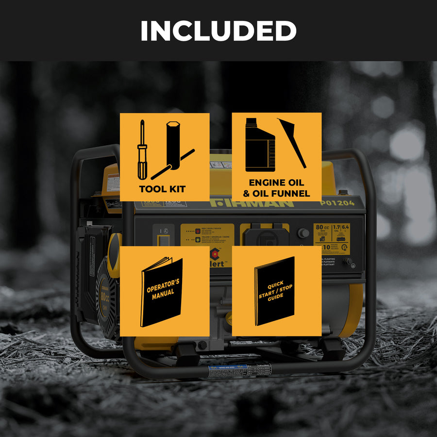 The FIRMAN Power Equipment Gas Portable Generator 1500W Recoil Start with CO alert is shown with included tool kit, engine oil, oil funnel, operator's manual, and quick start guide—perfect for camping and outdoor adventures.