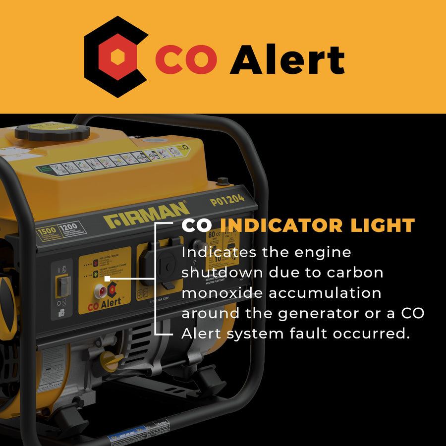 The FIRMAN Power Equipment Gas Portable Generator 1500W Recoil Start features a CO Alert indicator that signals engine shutdown if carbon monoxide levels are high or if the CO Alert system detects a fault.