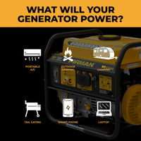 A FIRMAN Power Equipment Gas Portable Generator 1500W Recoil Start with CO alert powers a portable A/C, RV, tailgate, smartphone, and laptop—ideal for camping or on-the-go use. Text above asks: "What will your generator power?.