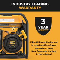 Close-up of the FIRMAN Power Equipment Gas Portable Generator 1500W Recoil Start with CO alert, featuring an industry-leading 3-year warranty.