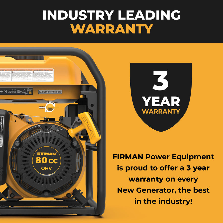Close-up of the FIRMAN Power Equipment Gas Portable Generator 1500W Recoil Start with CO alert, featuring an industry-leading 3-year warranty.