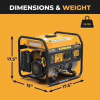 The FIRMAN Power Equipment Gas Portable Generator 1500W Recoil Start with CO alert features a black and yellow design, measures 17.5" x 17.5" x 15", and weighs 54 lbs; dimensions and weight are clearly labeled for easy reference.