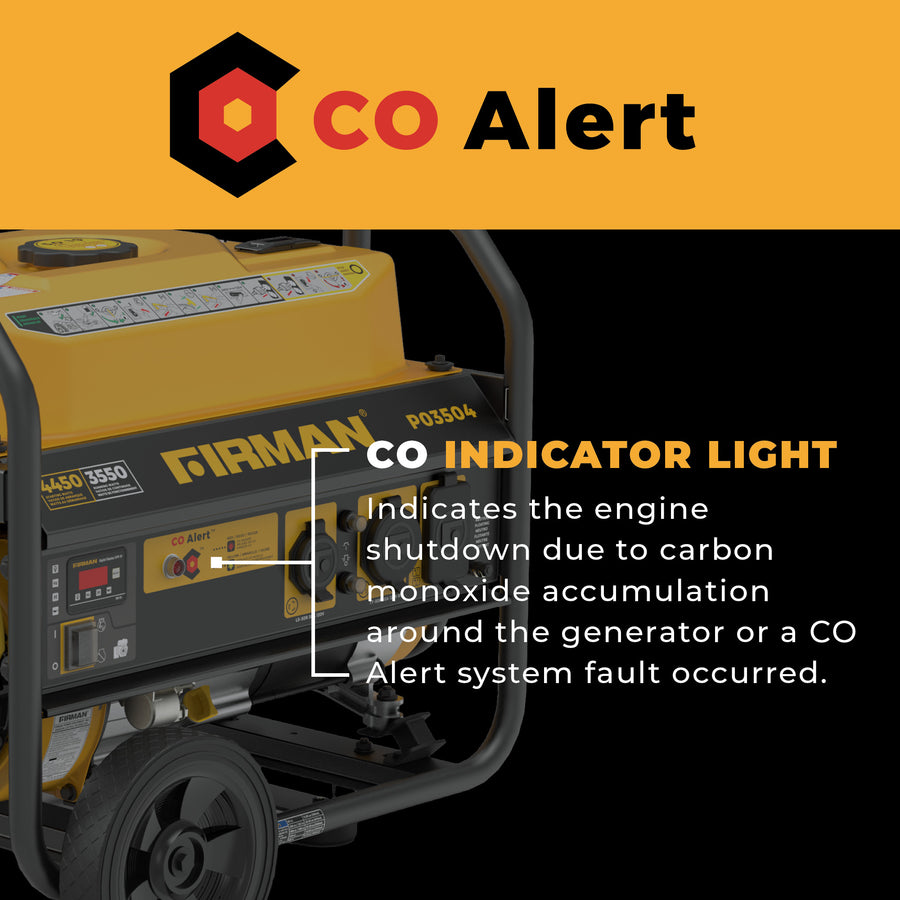 The FIRMAN Power Equipment Gas Portable Generator 4450W Recoil Start 120V features a CO alert indicator, warning of engine shutdown due to carbon monoxide buildup or system faults—perfect for reliable backup power.