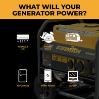 The FIRMAN Power Equipment Gas Portable Generator 4450W Recoil Start 120V with CO alert provides reliable backup power for portable A/Cs, RVs, appliances, power tools, smartphones, and laptops.