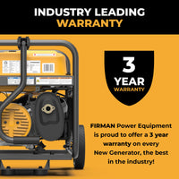A yellow FIRMAN Power Equipment Gas Portable Generator 4450W Recoil Start 120V with CO alert offers a 3-year warranty on new units, providing industry-leading coverage and reliable backup power with 4450 starting watts.