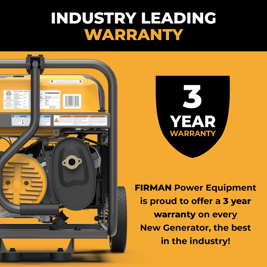 A yellow FIRMAN Power Equipment Gas Portable Generator 4450W Recoil Start 120V with CO alert offers a 3-year warranty on new units, providing industry-leading coverage and reliable backup power with 4450 starting watts.