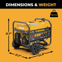 The FIRMAN Gas Portable Generator 4450W Recoil Start 120V with CO alert features a black frame, provides 4450 starting watts for backup power, measures 21.7" x 21.7" x 24.8", weighs 108.5 lbs, and is shown on an orange background.