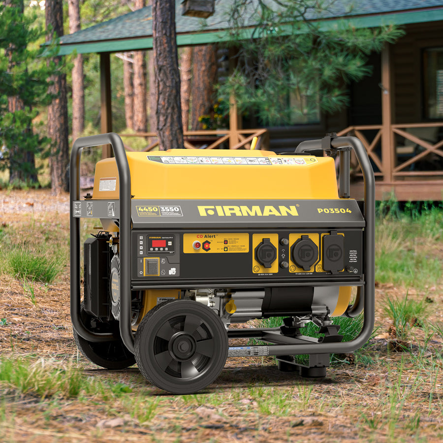 A FIRMAN Power Equipment Gas Portable Generator 4450W with recoil start and CO alert sits on grass outside a cabin, ready to deliver reliable backup power for your outdoor adventures.
