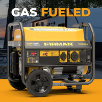 A yellow FIRMAN Power Equipment Gas Portable Generator 4450W Recoil Start 120V with CO alert is shown outdoors near a river and an RV. "Gas Fueled" appears above, highlighting its outdoor adventure or backup power use.