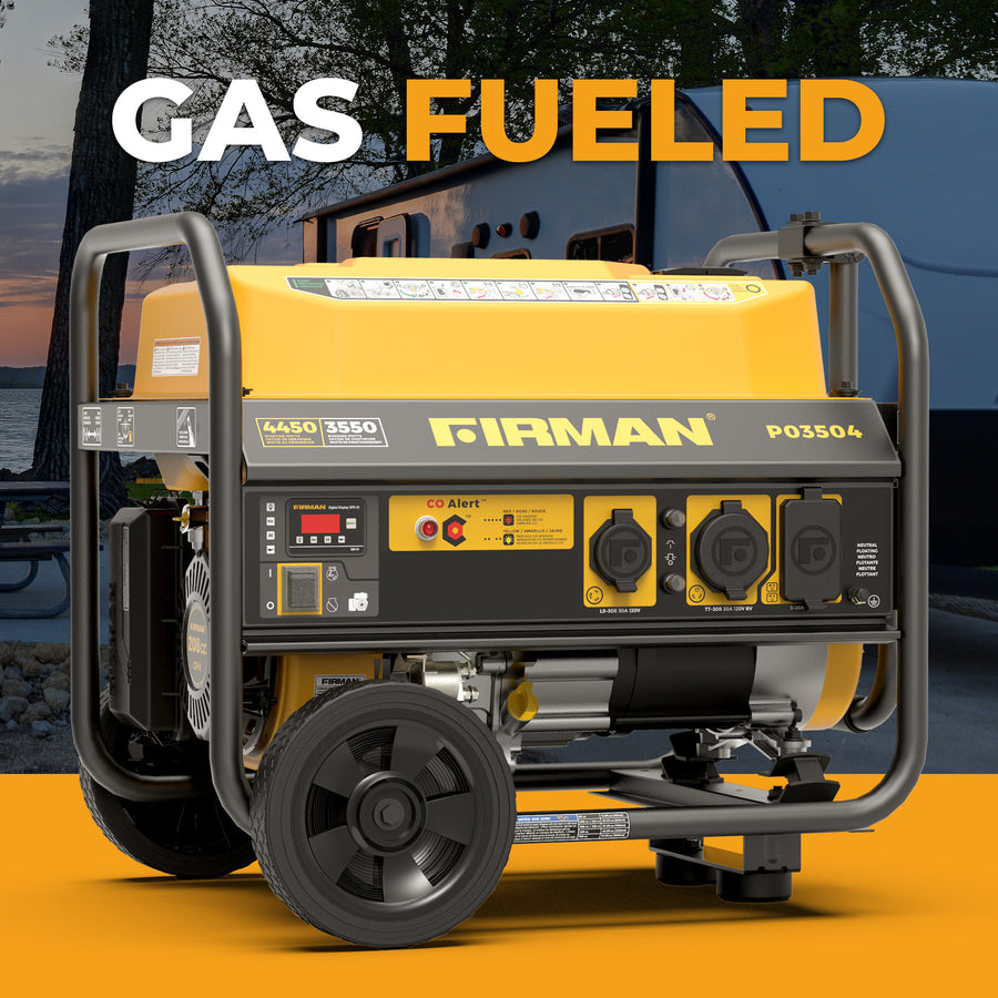 A yellow FIRMAN Power Equipment Gas Portable Generator 4450W Recoil Start 120V with CO alert is shown outdoors near a river and an RV. "Gas Fueled" appears above, highlighting its outdoor adventure or backup power use.