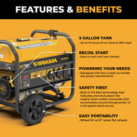 The FIRMAN Power Equipment Gas Portable Generator 4450W features recoil start, a 5-gallon tank, four 120V outlets, CO alert safety, and a wheel kit—ideal portable backup power for outdoor adventures.