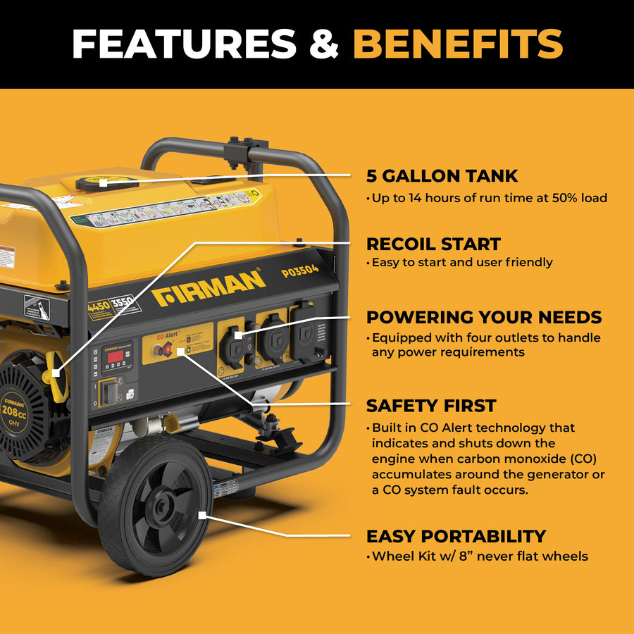 The FIRMAN Power Equipment Gas Portable Generator 4450W features recoil start, a 5-gallon tank, four 120V outlets, CO alert safety, and a wheel kit—ideal portable backup power for outdoor adventures.