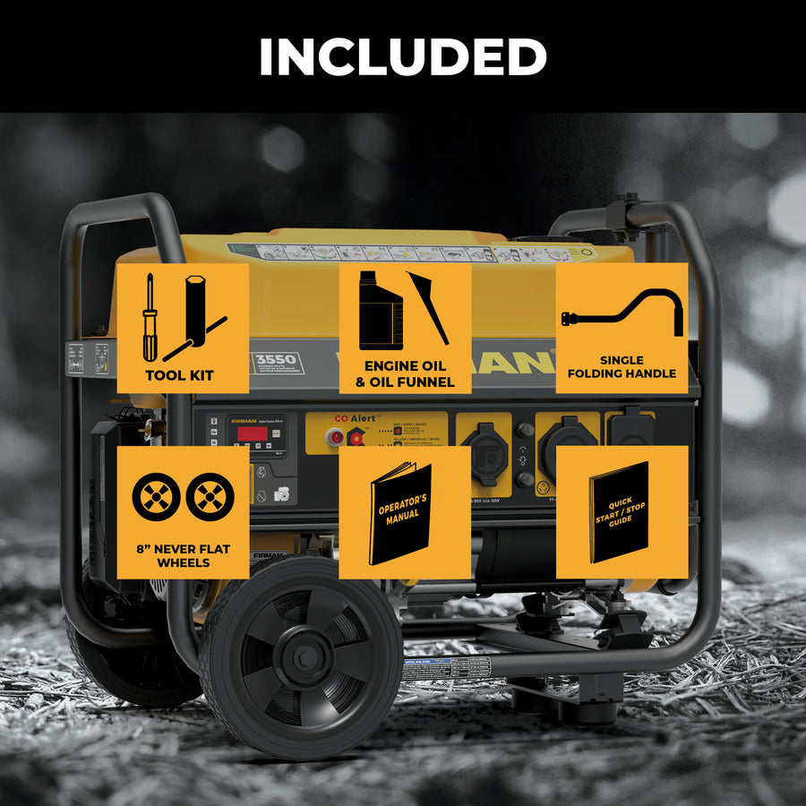 The FIRMAN Power Equipment Gas Portable Generator 4450W Recoil Start 120V with CO alert provides reliable backup power, includes a tool kit, engine oil & funnel, folding handle, 8” never-flat wheels, and an operator’s manual.