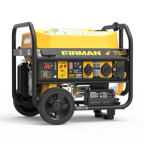 A yellow and black FIRMAN Power Equipment Gas Portable Generator 4550/3650W with remote start, CO alert, control panel, wheels, and handle is shown against a plain white background.