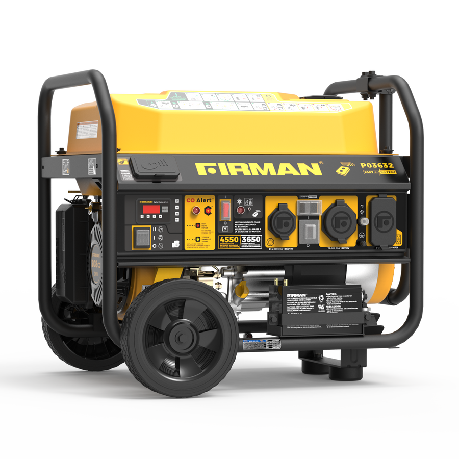 A yellow and black FIRMAN Power Equipment Gas Portable Generator 4550/3650W with remote start, CO alert, control panel, wheels, and handle is shown against a plain white background.