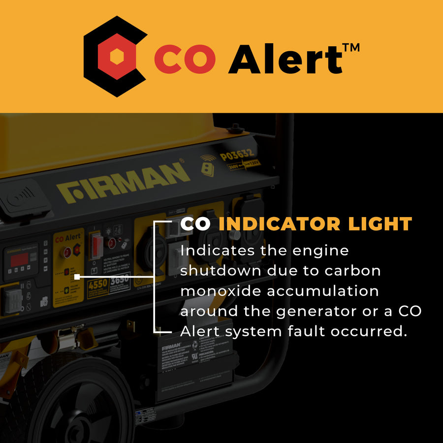 Close-up of the FIRMAN Power Equipment Gas Portable Generator 4550/3650W Remote Start, highlighting the CO Alert light that signals engine shutdown if carbon monoxide is detected or a CO Alert system fault occurs.