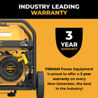 A yellow FIRMAN Power Equipment Gas Portable Generator 4550/3650W Remote Start 120/240V CO Alert is shown beside a shield icon stating "3 Year Warranty," highlighting a three-year warranty on all new generators.