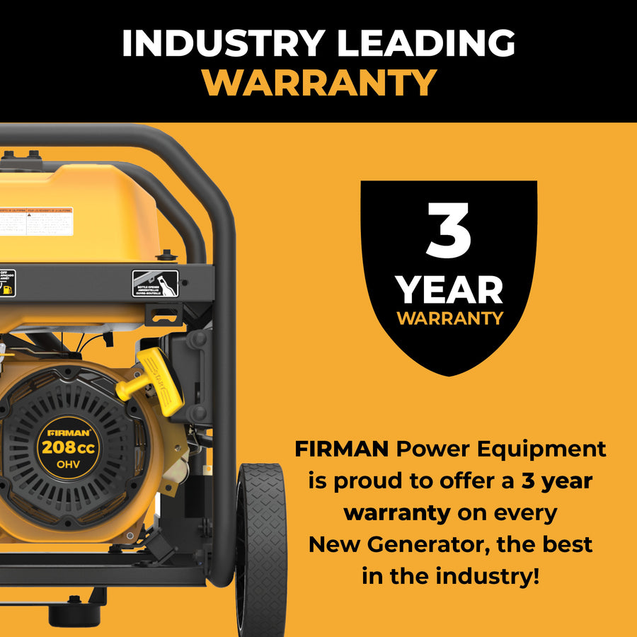 A yellow FIRMAN Power Equipment Gas Portable Generator 4550/3650W Remote Start 120/240V CO Alert is shown beside a shield icon stating "3 Year Warranty," highlighting a three-year warranty on all new generators.