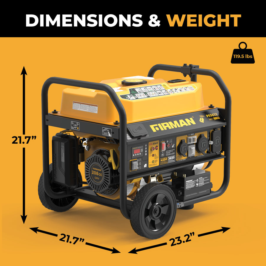A yellow FIRMAN Power Equipment Gas Portable Generator 4550/3650W Remote Start 120/240V CO Alert, measuring 21.7" H x 21.7" W x 23.2" D and weighing 119.5 lbs, sits on wheels against an orange background.