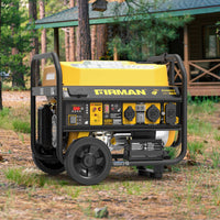 A FIRMAN Power Equipment Gas Portable Generator 4550/3650W with remote start and CO Alert, featuring a yellow top and black base, sits on grass by a wooden cabin surrounded by trees.