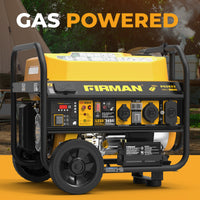 Yellow and black FIRMAN Power Equipment Gas Portable Generator 4550/3650W Remote Start 120/240V CO Alert with Max Pro Series engine, control panel, large wheels, and "GAS POWERED" text; shown outdoors near a tent.
