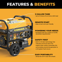 The FIRMAN Power Equipment Gas Portable Generator 4550/3650W features a Max Pro Series engine, 5-gallon tank, remote start, multiple outlets, CO Alert technology, and a wheel kit for easy portability.
