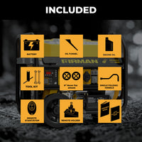 Grid displaying accessories included with the FIRMAN Power Equipment Gas Portable Generator 4550/3650W Remote Start 120/240V CO Alert: battery, oil funnel, engine oil, tool kit, never flat wheels, folding handle, remote start holder, and manuals.