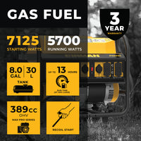 Advertisement image featuring a FIRMAN Power Equipment Gas Portable Generator 7125W Recoil Start 120/240V with specifications such as 7125 starting watts, 5700 running watts, 8.0l tank, and up to 13 hours run time. Warranty and