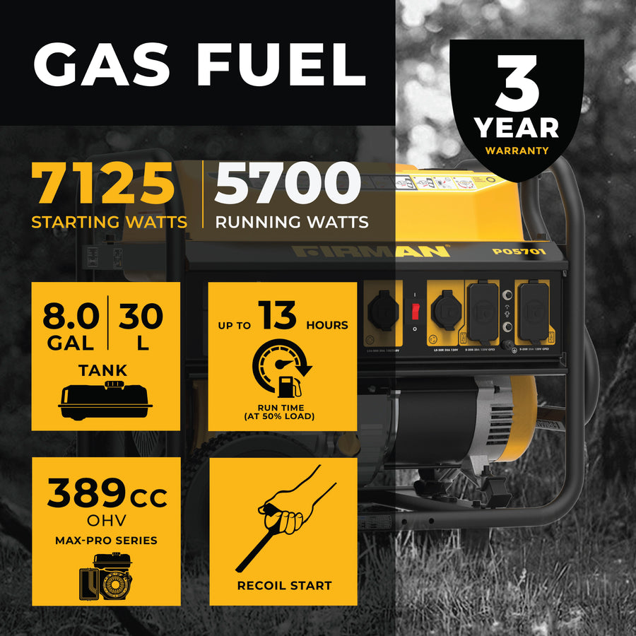 Advertisement image featuring a FIRMAN Power Equipment Gas Portable Generator 7125W Recoil Start 120/240V with specifications such as 7125 starting watts, 5700 running watts, 8.0l tank, and up to 13 hours run time. Warranty and