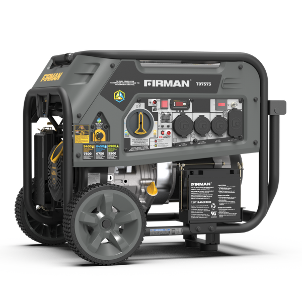 The FIRMAN Tri Fuel Portable Generator 9400W Electric Start provides versatile power with 120/240V, CO Alert, multiple outlets, and a control panel. Its gray design with black accents includes wheels and a handle for easy mobility, ensuring reliable energy wherever needed.