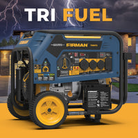 A blue and yellow FIRMAN Power Equipment Tri Fuel 8000W Portable Generator Electric Start 120/240V with CO ALERT is shown in front of a modern house during a lightning storm.