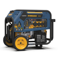 A blue and yellow FIRMAN Power Equipment Tri Fuel 8000W Portable Generator with electric start, 120/240V, CO ALERT, control panel, power outlets, and wheels for easy mobility.