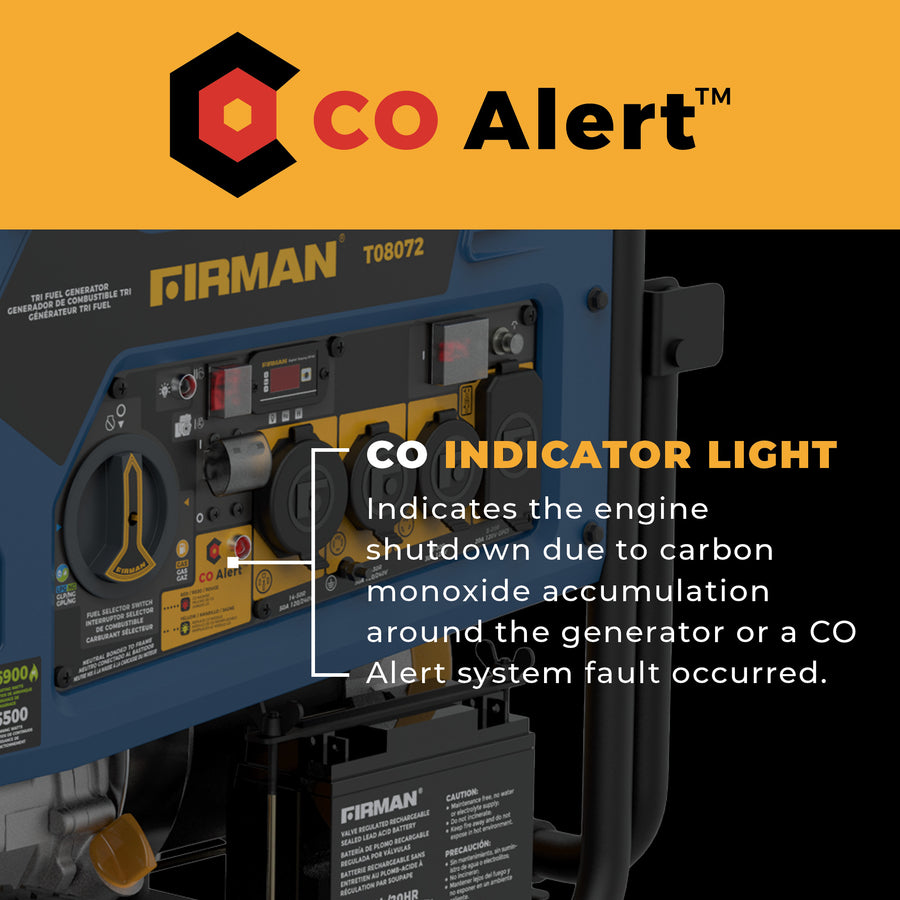Close-up of the FIRMAN Power Equipment Tri Fuel 8000W Portable Generator's control panel, highlighting the CO ALERT indicator that shuts down the engine for safety if carbon monoxide is detected or in case of a system fault.